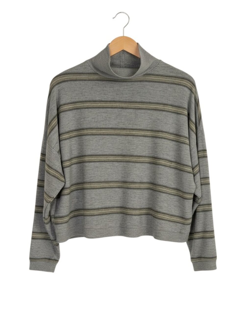 Lucky Brand Mockneck Sweater Boxy Oversized Knit Top Gray Stripe S